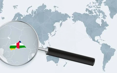 Asia centered world map with magnified glass on Central African Republic. F.. 库存插图