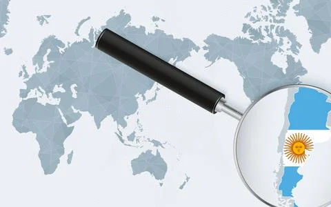 Asia centered world map with magnified glass on Argentina. Focus on map of .. Stockillustratie