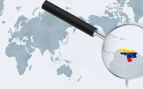 Asia centered world map with magnified glass on Venezuela. Focus on map of .. Stock Illustration