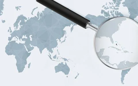 Asia centered world map with magnified glass on The Bahamas. Focus on map o.. Stock Illustration