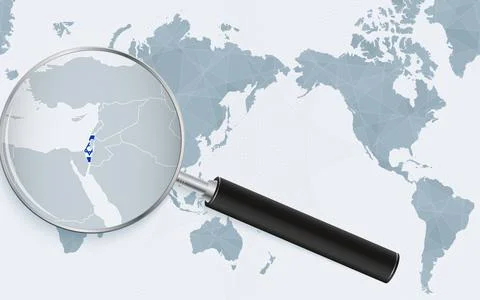 Asia centered world map with magnified glass on Israel. Focus on map of Isr.. Stock Illustration