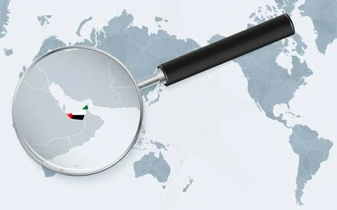 Asia centered world map with magnified glass on United Arab Emirates. Focus.. Stock Illustration