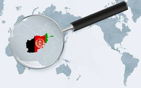 Asia centered world map with magnified glass on Afghanistan. Focus on map o.. Stock Illustration