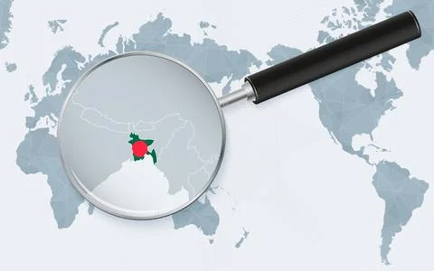 Asia centered world map with magnified glass on Bangladesh. Focus on map of.. Stock Illustration
