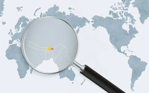 Asia centered world map with magnified glass on Bhutan. Focus on map of Bhu.. 库存插图