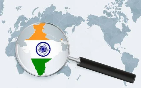 Asia centered world map with magnified glass on India. Focus on map of Indi.. Stock Illustration
