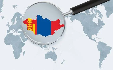 Asia centered world map with magnified glass on Mongolia. Focus on map of M.. Stock Illustration