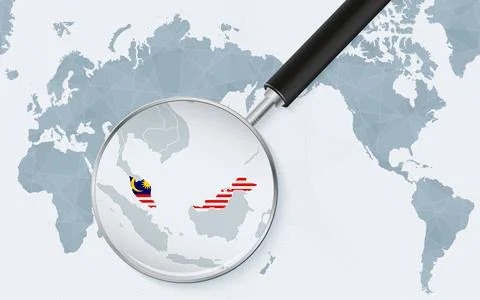 Asia centered world map with magnified glass on Malaysia. Focus on map of M.. Stock Illustration