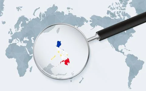 Asia centered world map with magnified glass on Philippines. Focus on map o.. Stock Illustration