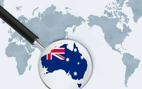 Asia centered world map with magnified glass on Australia. Focus on map of .. Stock Illustration
