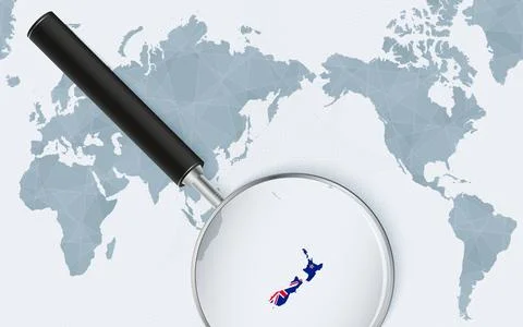 Asia centered world map with magnified glass on New Zealand. Focus on map o.. Stock Illustration