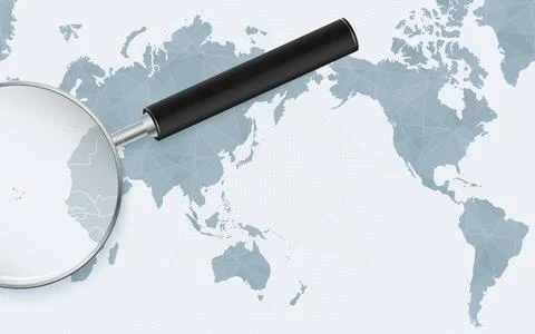 Asia centered world map with magnified glass on Cape Verde. Focus on map of.. Stock Illustration
