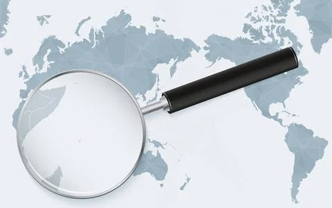 Asia centered world map with magnified glass on Seychelles. Focus on map of.. Stock Illustration