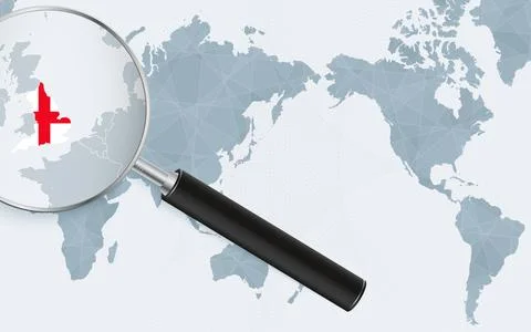 Asia centered world map with magnified glass on England. Focus on map of En.. Stock Illustration