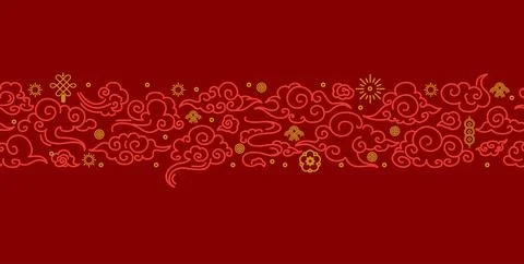 Asia Clouds Sign Thin Line Pattern on a Red. Vector イラスト素材