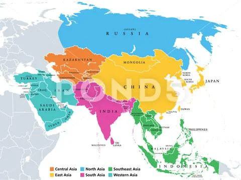 Asia, continent, main regions, political map with subregions ~ Clip Art ...