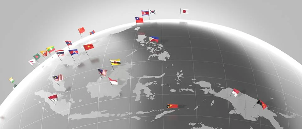 Asia - countries' borders and flags - 3D illustration Illustrazione stock