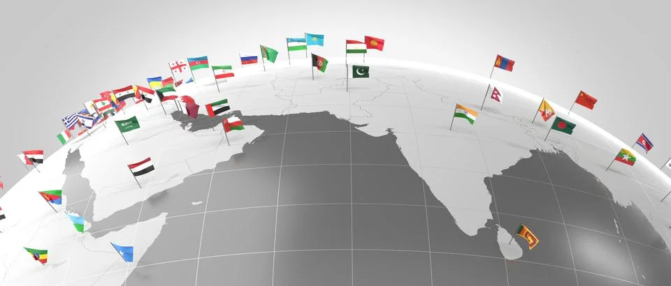 Asia - countries' borders and flags - 3D illustration Stock Illustration