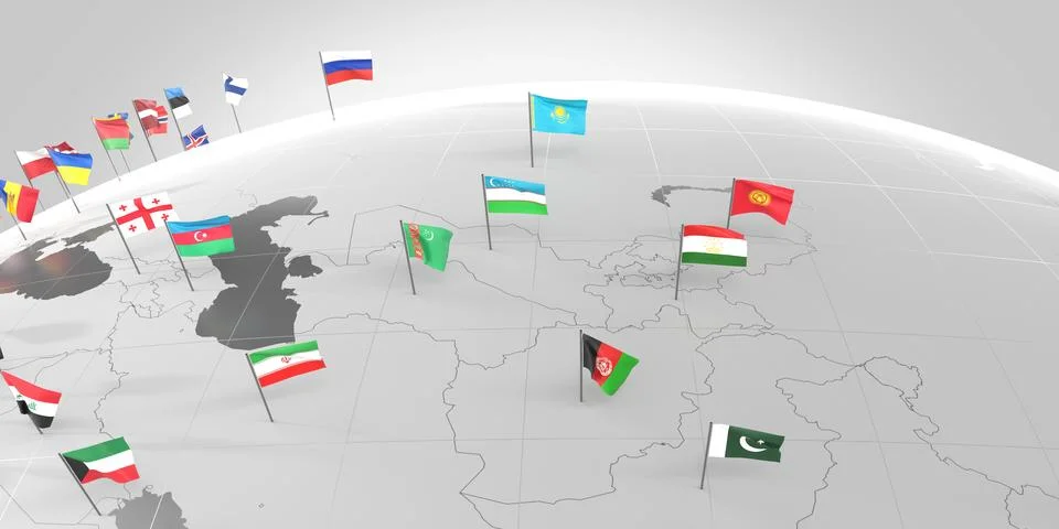 Asia - countries' borders and flags - 3D illustration Stock Illustration