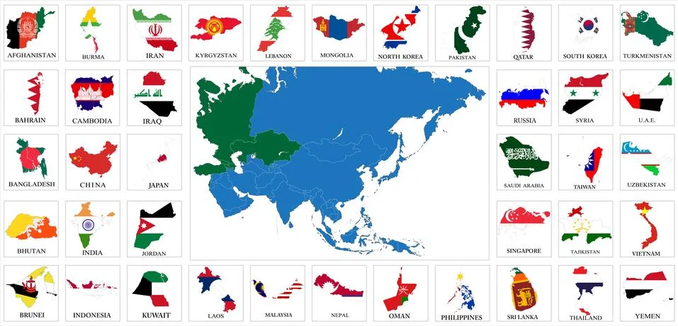 Asia countries flag maps Stock Illustration