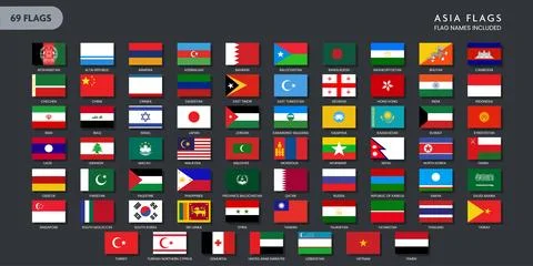 Asia countries flags set vector collection with country names Stock-Illustration