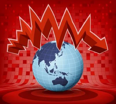Asia earth globe under red descending zig zag arrow vector illustration Illustrazione stock
