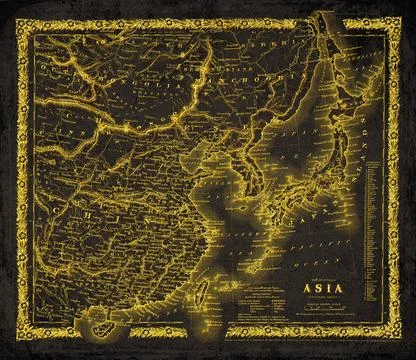 Asia Eastern Sheet Black And Gold Historical Map Stock Illustration