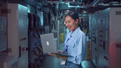 Asia Female Professional Worker Use Laptop In Engine Control Room Stock Footage 292374838