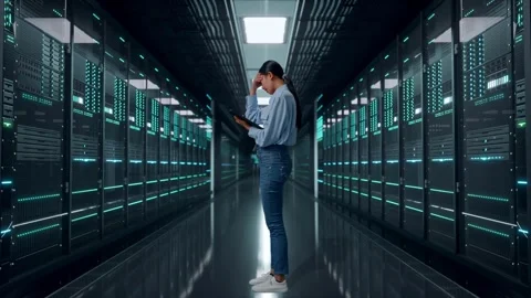 Asia Female Worker Is Feeling Headache While Use Tablet In Data Center Stock Footage 321990447
