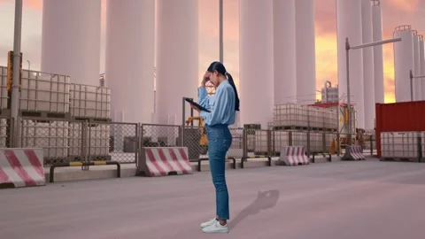 Asia Female Worker Is Feeling Headache While Use Tablet at Storage Facility Stock Footage 337755865