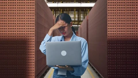 Asia Female Worker Headache When Use Laptop With Brick In Stacks Stock Footage 303764516