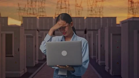 Asia Female Worker Headache When Use Laptop with Electrical Energy Stock Footage 331573302
