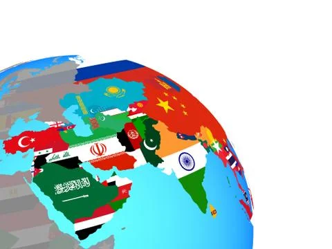Asia with flags on globe Stock Illustration