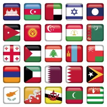 Asia Flags Square Buttons Stock Illustration