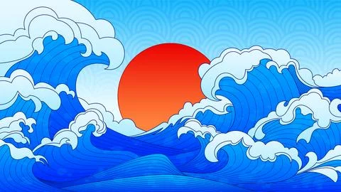 Asia inspired line wave patterns and red sun Stock Illustration