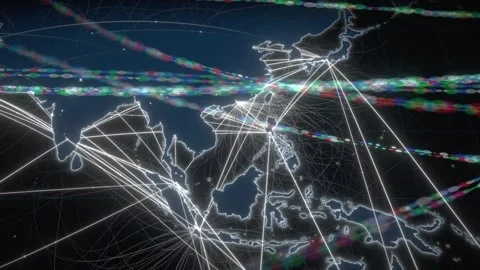 Asia Pacific Data Traffic Sweeping Across A Glowing Night World Map Stock Footage 343247935