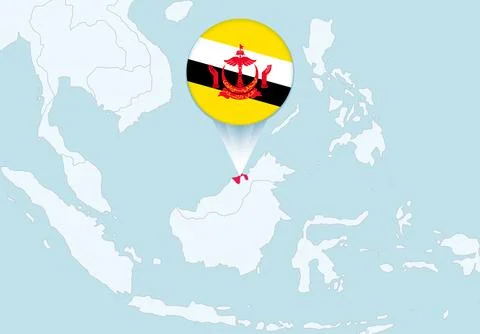 Asia with selected Brunei map and Brunei flag icon. Stock Illustration