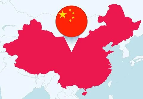Asia with selected China map and China flag icon. Stock Illustration