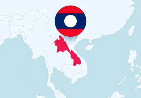 Asia with selected Laos map and Laos flag icon. Stock Illustration