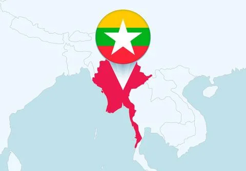 Asia with selected Myanmar map and Myanmar flag icon. Stock Illustration