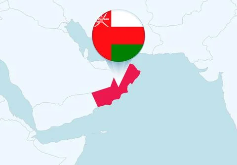 Asia with selected Oman map and Oman flag icon. Stock Illustration