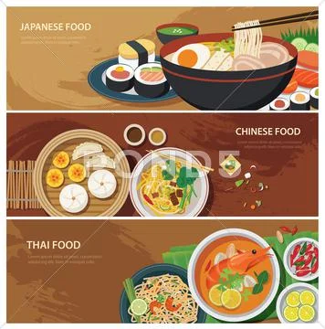 Asia Street Food Web Banner , Thai Food , Japanese Food , Chinese Food Flat D