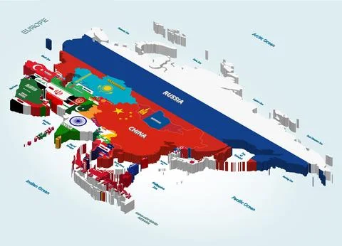Asia vector isometric map combined with national flags Stock Illustration