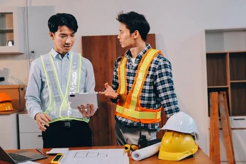 Asian architect and engineer team checking architectural house model using .. Stock Photos