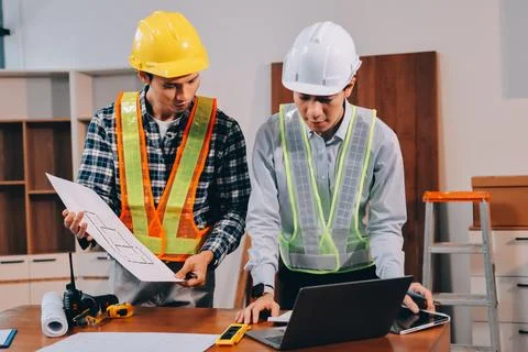 Asian architect and engineer team checking architectural house model using .. Stock Photos