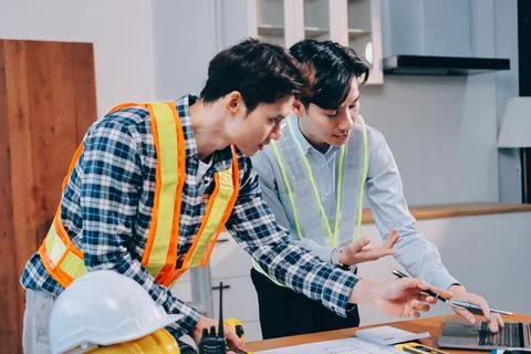 Asian architect and engineer team checking architectural house model using .. Stock Photos