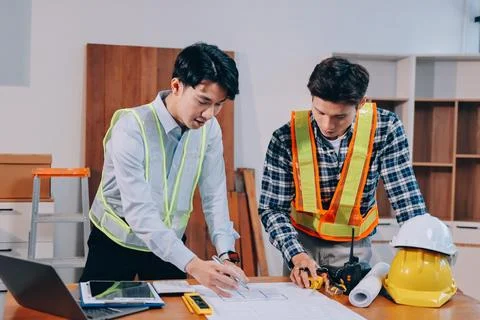 Asian architect and engineer team checking architectural house model using .. Stock Photos