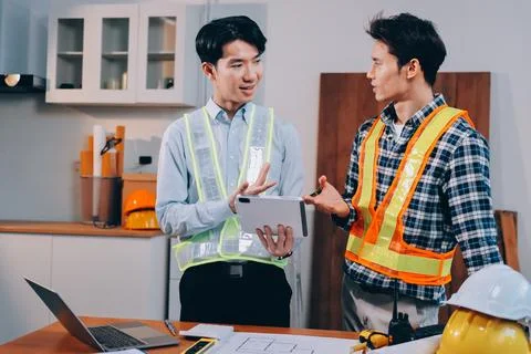 Asian architect and engineer team checking architectural house model using .. Stock Photos