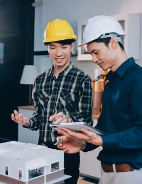 Asian architect and engineer team checking architectural house model using .. Stock Photos