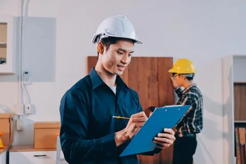 Asian architect and engineer team checking architectural house model using .. Stock Photos